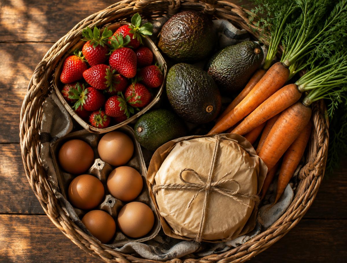 Canasto con fresas, aguacates, zanahorias, huevos y queso envuelto en papel kraft