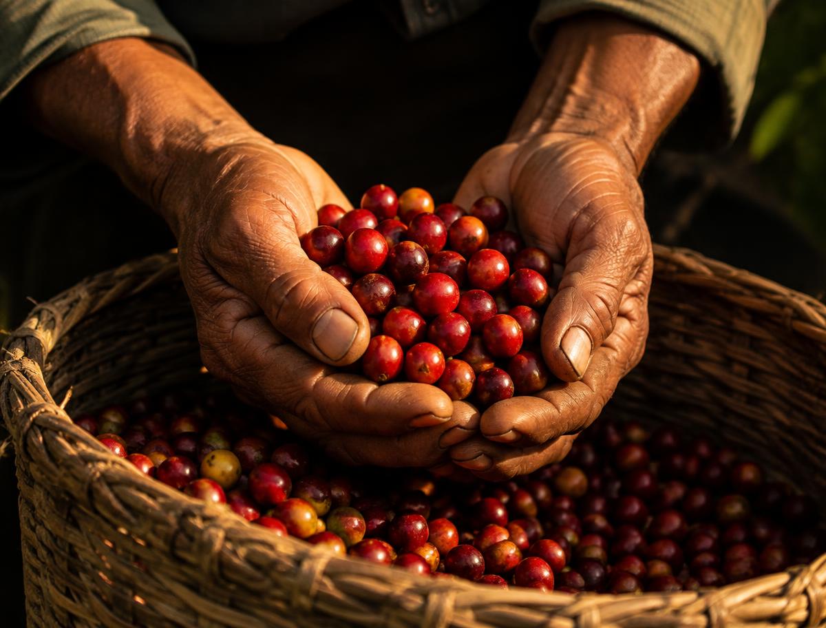Manos de un caficultor con granos de café maduro sobre un canasto
